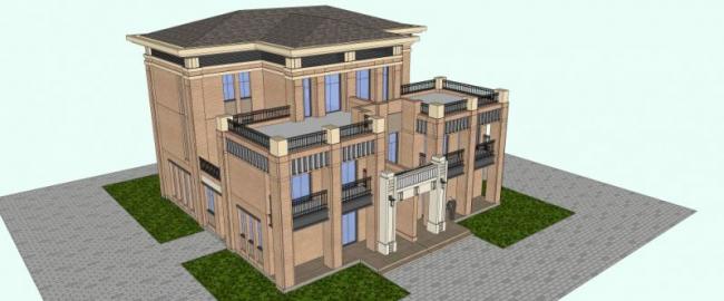 Sketchup别墅模型|双拼别墅，现代风格