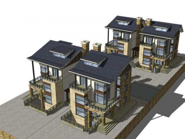 Sketchup别墅模型|双拼别墅，欧式风格