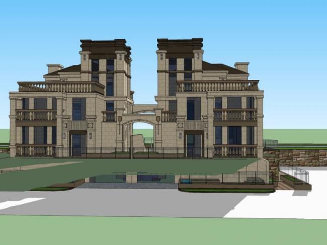 Sketchup别墅模型|叠拼双拼别墅，古典风格