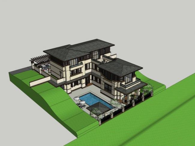 Sketchup别墅模型|叠拼别墅，现代风格