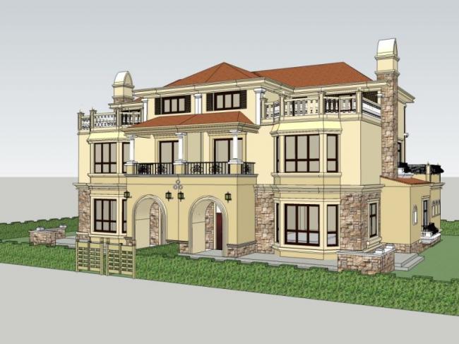 Sketchup别墅模型|双拼别墅，欧式风格