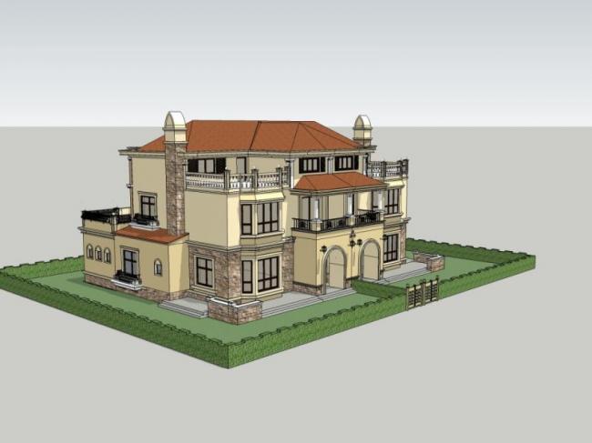 Sketchup别墅模型|双拼别墅，欧式风格