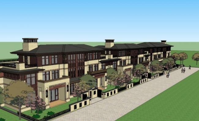 Sketchup别墅模型|联排别墅，新中式风格