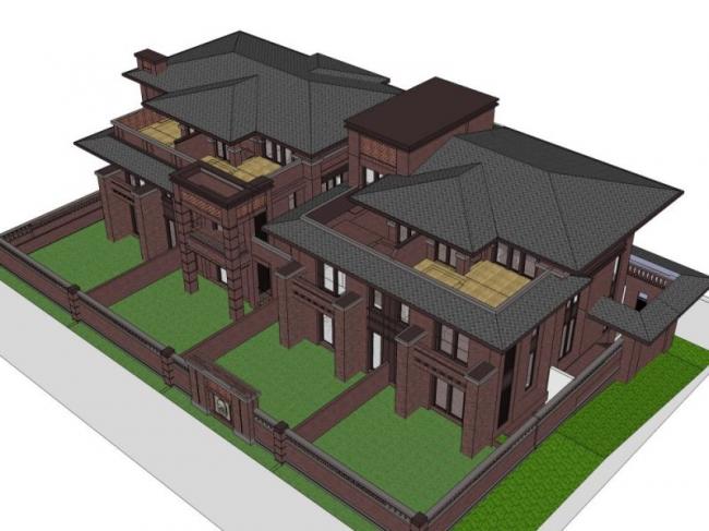 Sketchup别墅模型|双拼别墅，现代风格