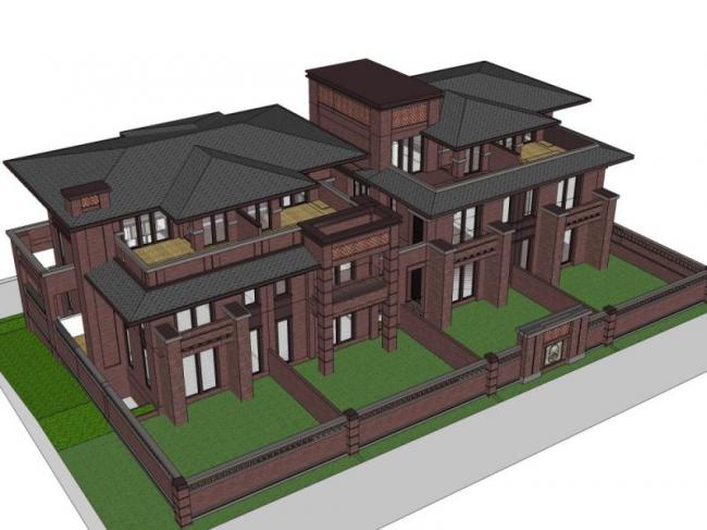 Sketchup别墅模型|双拼别墅，现代风格