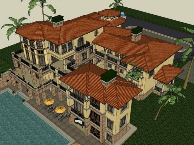 Sketchup别墅模型|独栋别墅，西班牙风格
