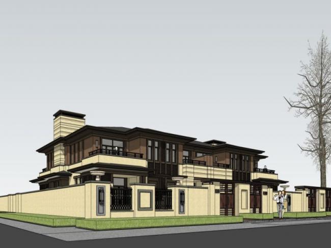 Sketchup别墅模型|双拼别墅，现代风格