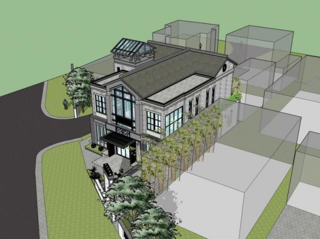 Sketchup别墅模型|独栋别墅，现代中式风格