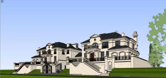 Sketchup别墅模型|双拼别墅，法式风格