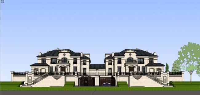 Sketchup别墅模型|双拼别墅，法式风格