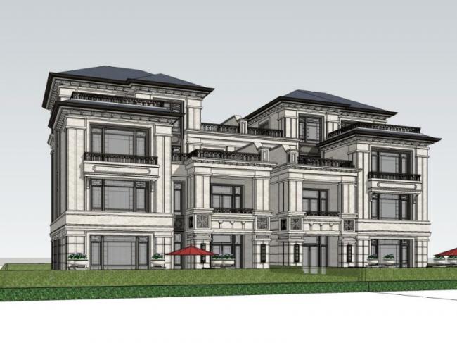 Sketchup别墅模型|双拼别墅，古典风格