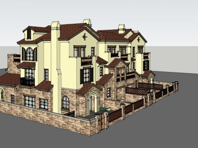 Sketchup别墅模型|联排别墅，古典风格