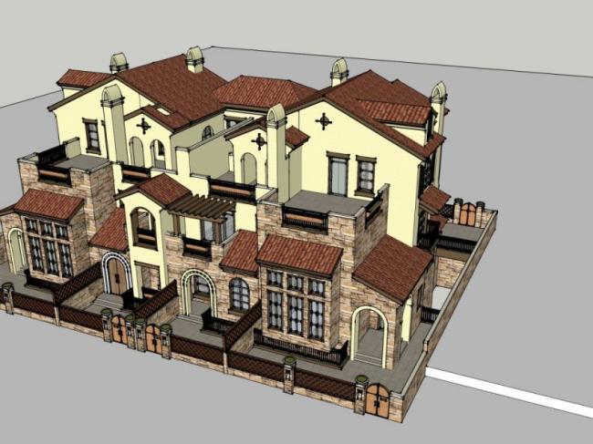 Sketchup别墅模型|联排别墅，古典风格
