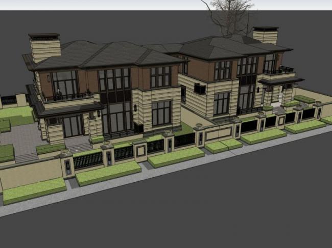 Sketchup别墅模型|双拼别墅，古典风格
