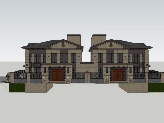 Sketchup别墅模型|双拼别墅，中式风格
