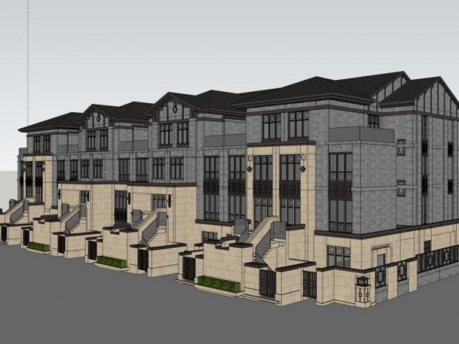 Sketchup别墅模型|联排别墅，中式风格