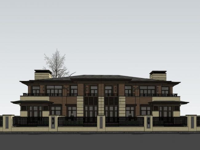 Sketchup别墅模型|双拼别墅，现代风格