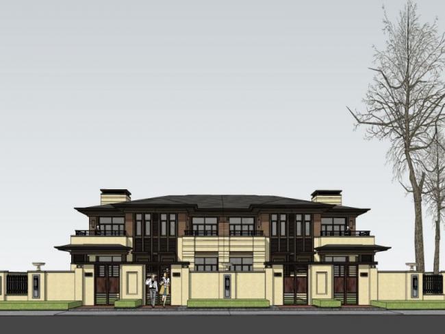 Sketchup别墅模型|双拼别墅，现代风格