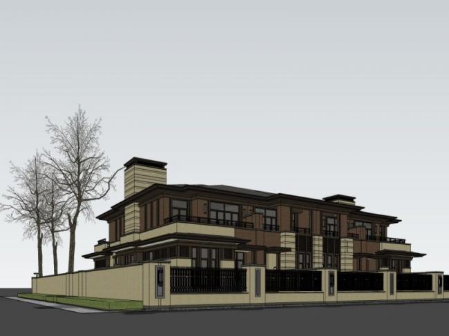 Sketchup别墅模型|双拼别墅，现代风格