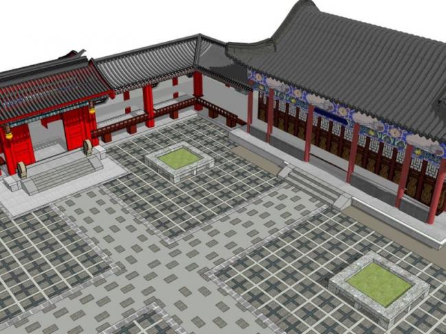 Sketchup别墅模型|四合院别墅，中式风格