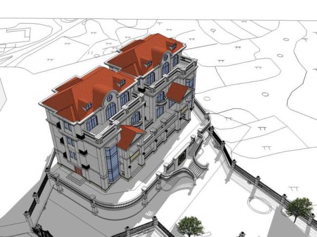 Sketchup别墅模型|双拼别墅，古典风格