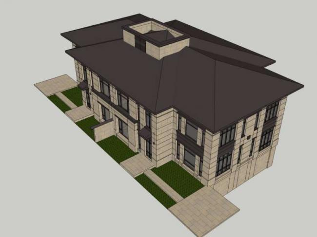 Sketchup别墅模型|双拼别墅，现代中式风格