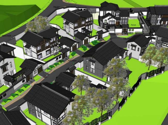 Sketchup别墅模型|别墅群，中式风格