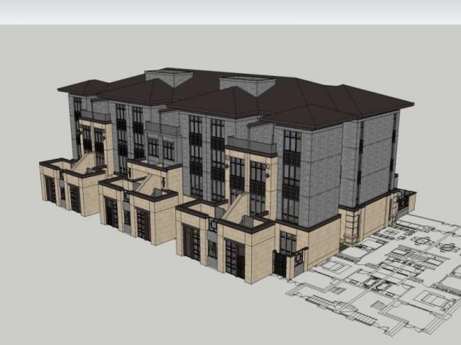 Sketchup别墅模型|联排别墅，现代中式风格