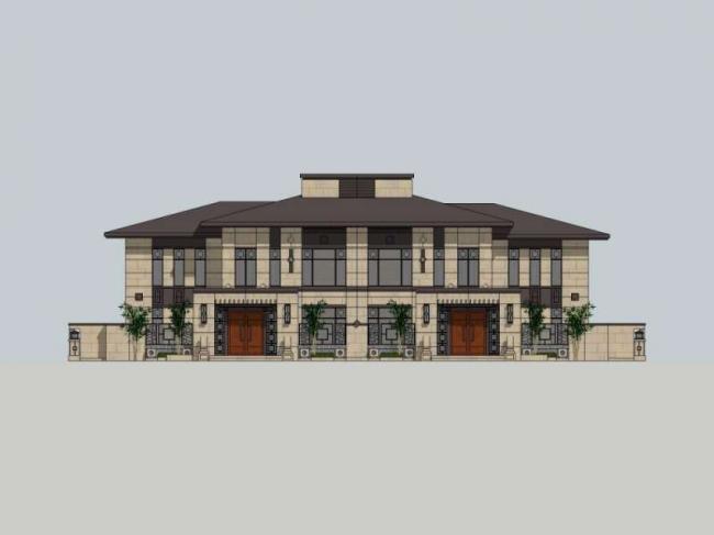 Sketchup别墅模型|双拼别墅，现代中式风格