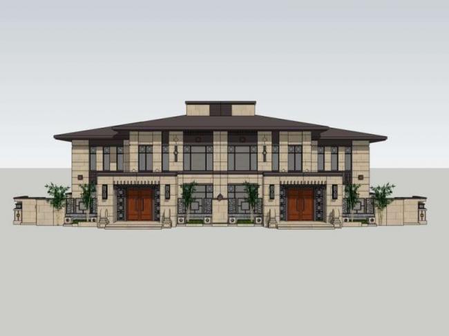 Sketchup别墅模型|双拼别墅，现代中式风格