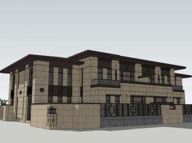 Sketchup别墅模型|双拼别墅，现代中式风格