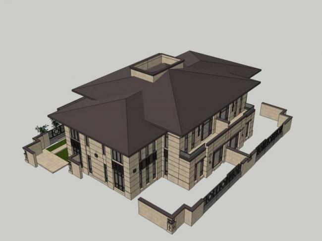 Sketchup别墅模型|双拼别墅，现代中式风格