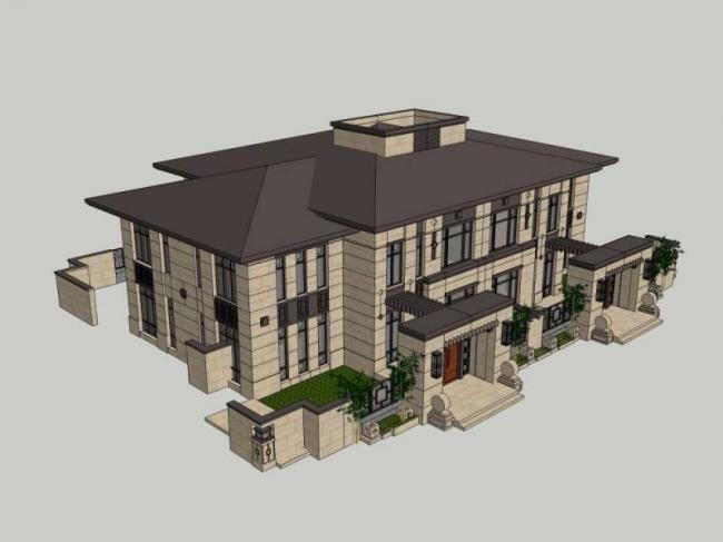 Sketchup别墅模型|双拼别墅，现代中式风格