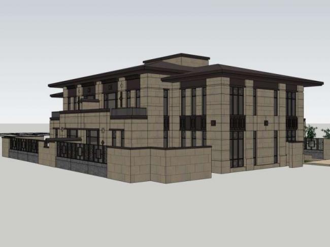 Sketchup别墅模型|双拼别墅，现代中式风格