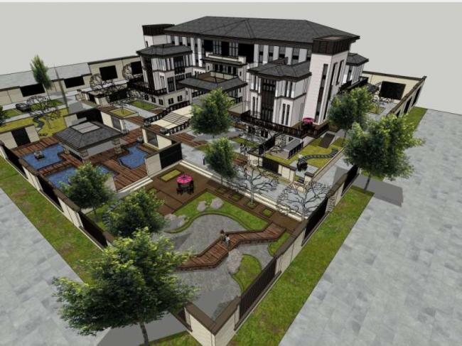 Sketchup别墅模型|酒店别墅院落，现代中式风格