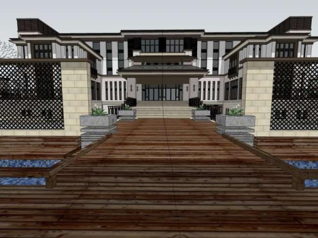 Sketchup别墅模型|酒店别墅院落，现代中式风格