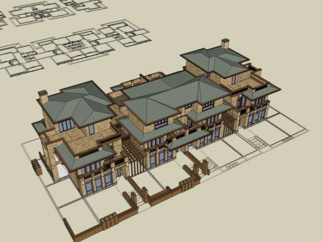 Sketchup别墅模型|双拼别墅，古典风格