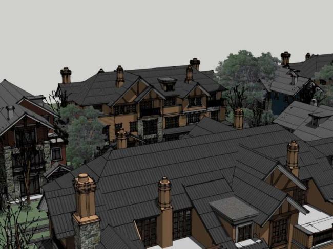 Sketchup别墅模型|双拼别墅群，古典风格