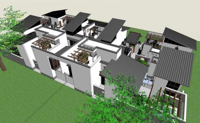 Sketchup别墅模型|双拼别墅，中式风格