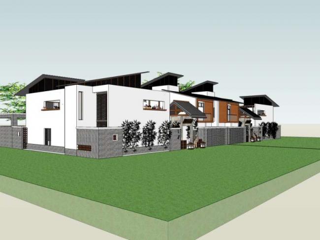 Sketchup别墅模型|双拼别墅，中式风格