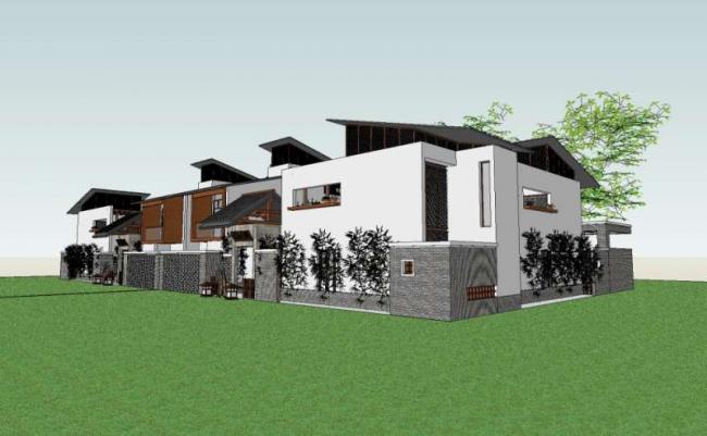Sketchup别墅模型|双拼别墅，中式风格