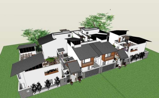 Sketchup别墅模型|双拼别墅，中式风格