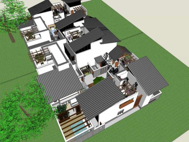 Sketchup别墅模型|双拼别墅，中式风格