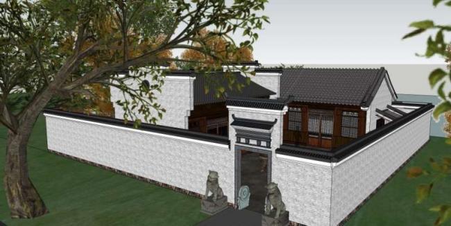 Sketchup别墅模型|住宅别墅院落，中式风格
