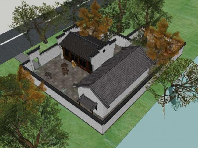 Sketchup别墅模型|住宅别墅院落，中式风格