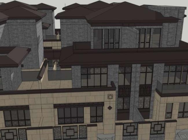 Sketchup别墅模型|叠拼别墅，现代中式风格