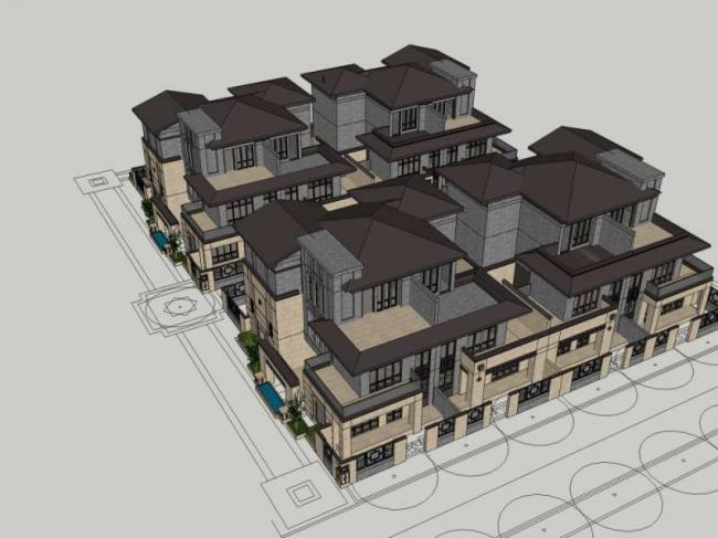 Sketchup别墅模型|叠拼别墅，现代中式风格