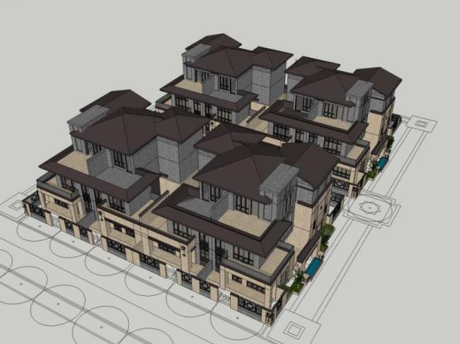 Sketchup别墅模型|叠拼别墅，现代中式风格