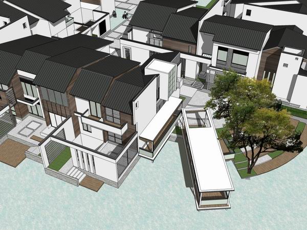 Sketchup别墅模型|双拼度假别墅群，中式风格