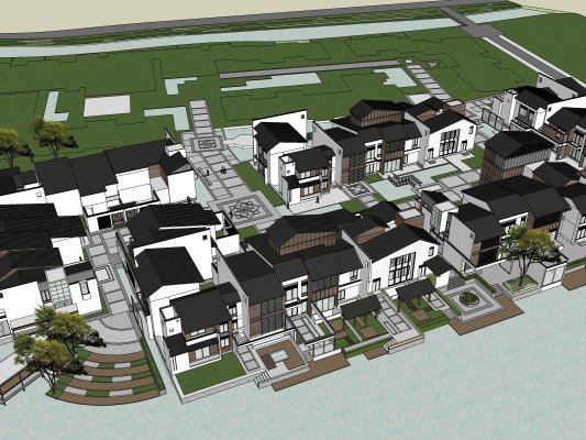 Sketchup别墅模型|双拼度假别墅群，中式风格